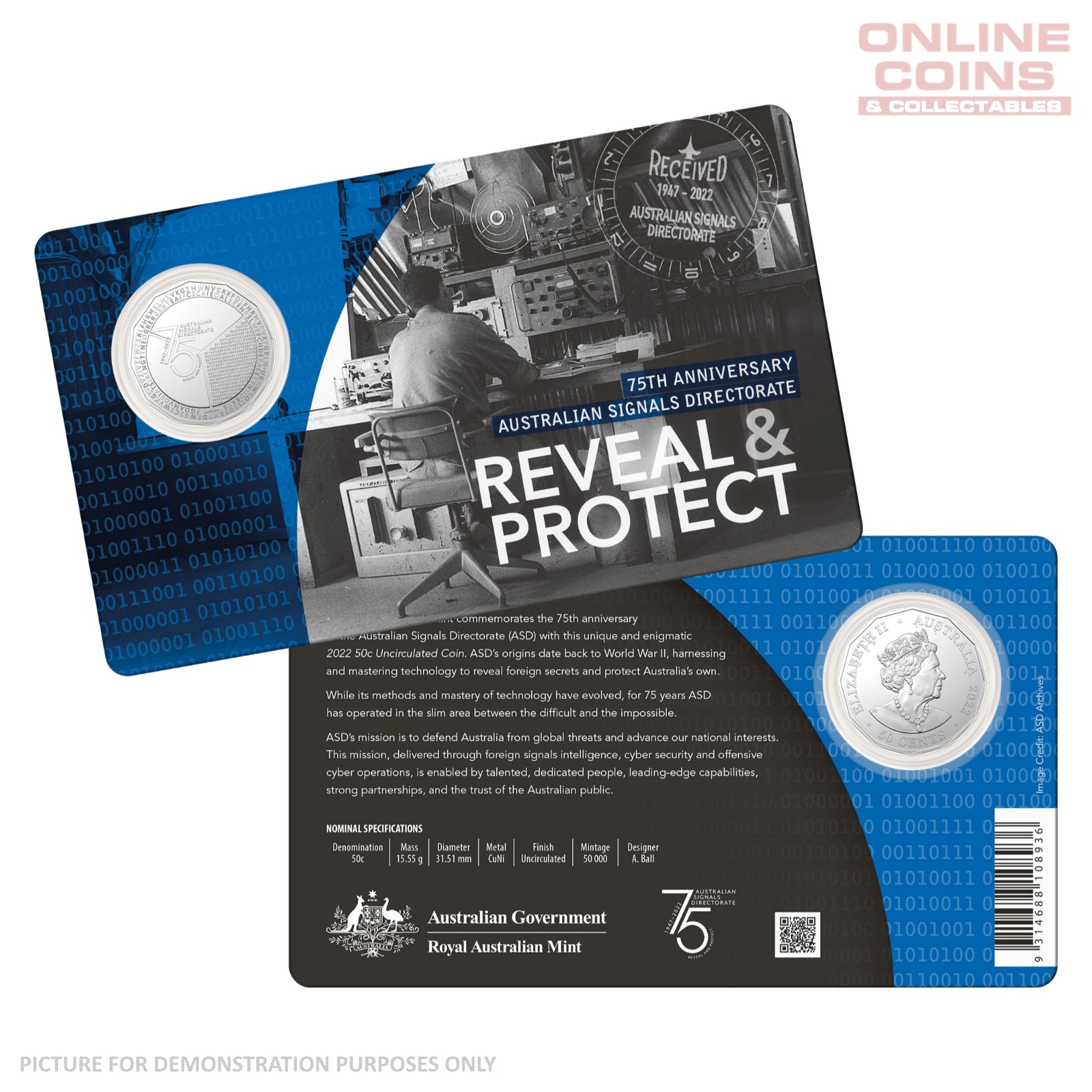 2022 50c CuNi Uncirculated Carded Coin – 75th anniversary of the Australian Signals Directorate (ASD)